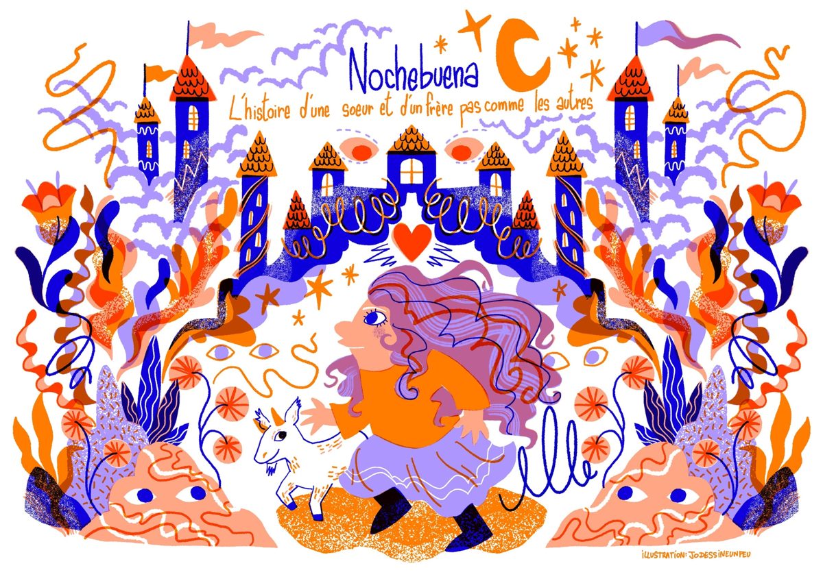 Affiche du spectacle Nochebuena, illustration colorée d'un château, d'une enfant et d'une chèvre